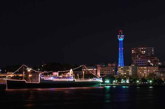 YOKOHAMA MARINE TOWER AT NIGHT WITH LIGHTS 